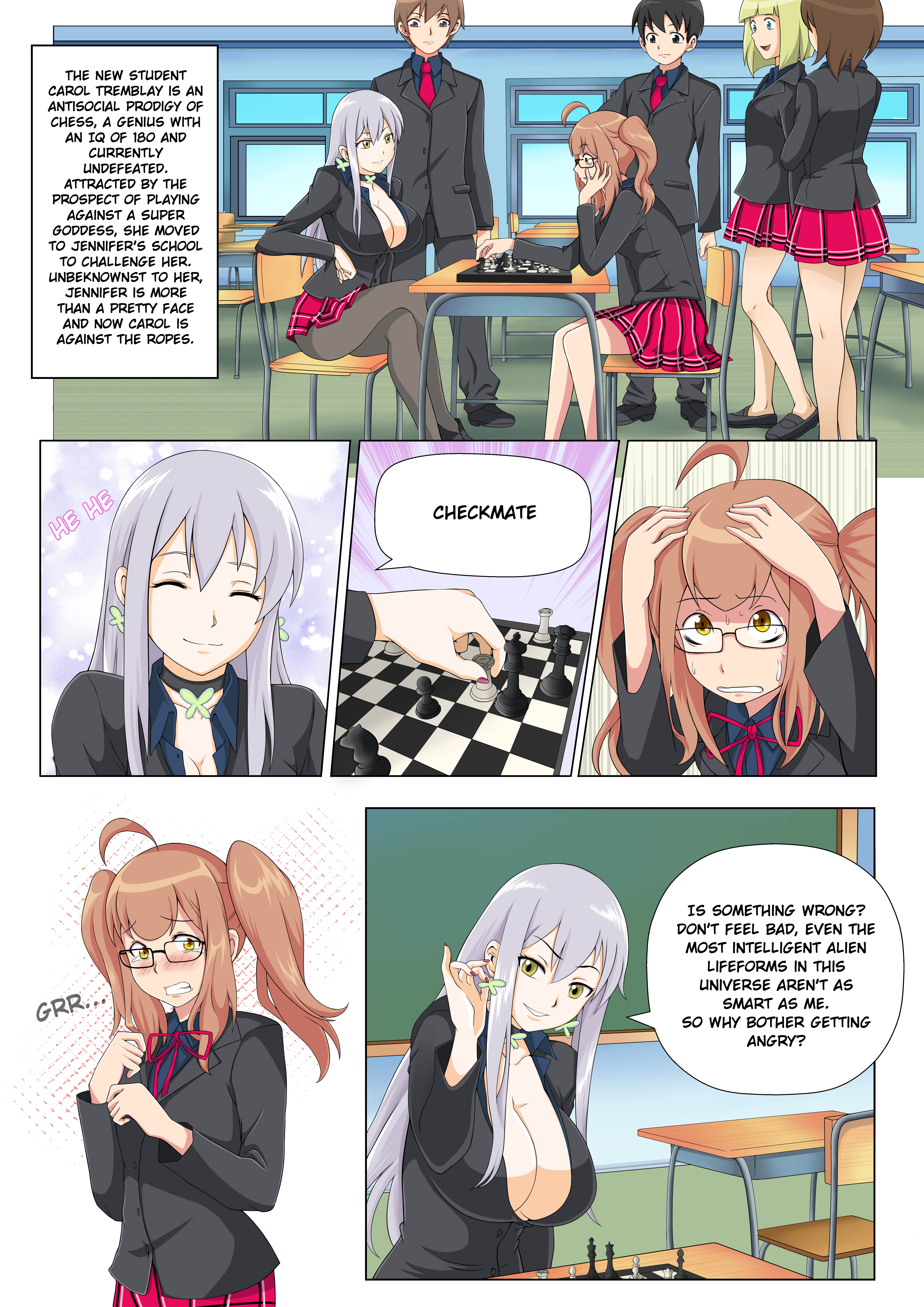 Jennifer Martinette and Carol Tremblay play chess in a classroom while several of their classmates watch.  Jennifer is decidedly more voluptuous than her peers, as well as the only one wearing pantyhose.  Giggling, she moves her white rook next to Carol's black king, cleanly pinning the piece and declaring checkmate.  Sweaty, Carol struggles to maintain her composure, fighting back tears.  Meanwhile, Jennifer coyly fiddles with her green butterfly earring.